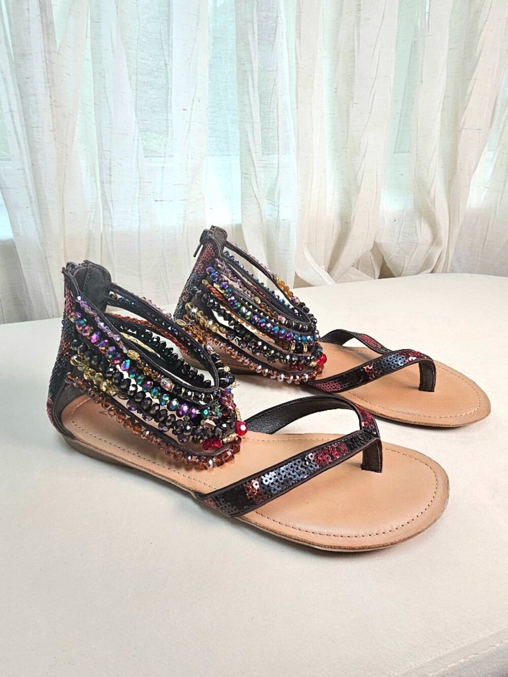 ZIGI Girl Brown Crystal Gladiator Sandals Size 10 Beaded Rhinestone Flat Sandals - Picture 7 of 11